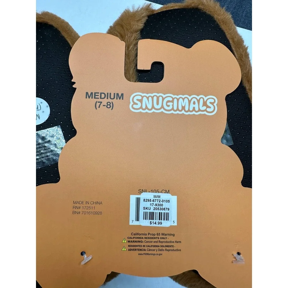 Snugimals Kids Teddy Bear Plush Slippers Brown Faux Fur Medium 7-8 SNL-105-CM